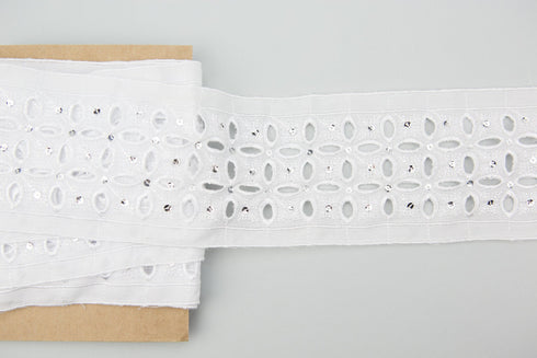 White and Silver Sequined Cotton Eyelet Lace Trim 3.75 inches width x 4 yards and 6 inches length NLT00348